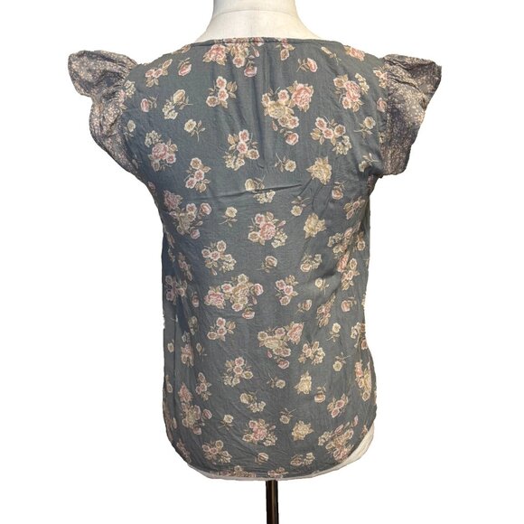 DR2 Woman's Vintage Style Flower Ruffle Blouse Size Small Olive Green Pink Boho - Picture 3 of 9